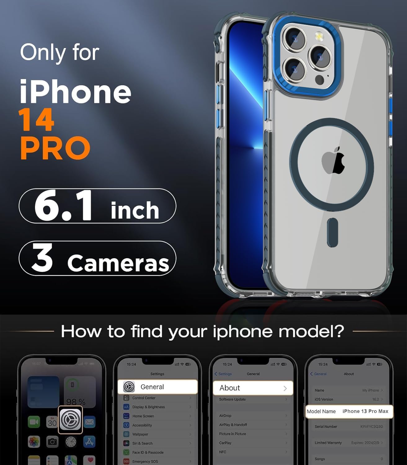 DEERLAMN Strong Magnetic Case for iPhone 14 Pro 6.1-Inch,[Compatible with Magsafe] Clear Slim Shockproof Protective Phone Cover for Women Men-Transparent+Blue - Image 2