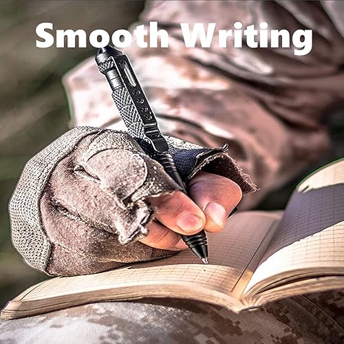Miniatura 5 de Bolígrafo táctico militar de acero de tungsteno, paquete de 3 unidades de defensa personal de emergencia con 12 repuestos negros para escribir,