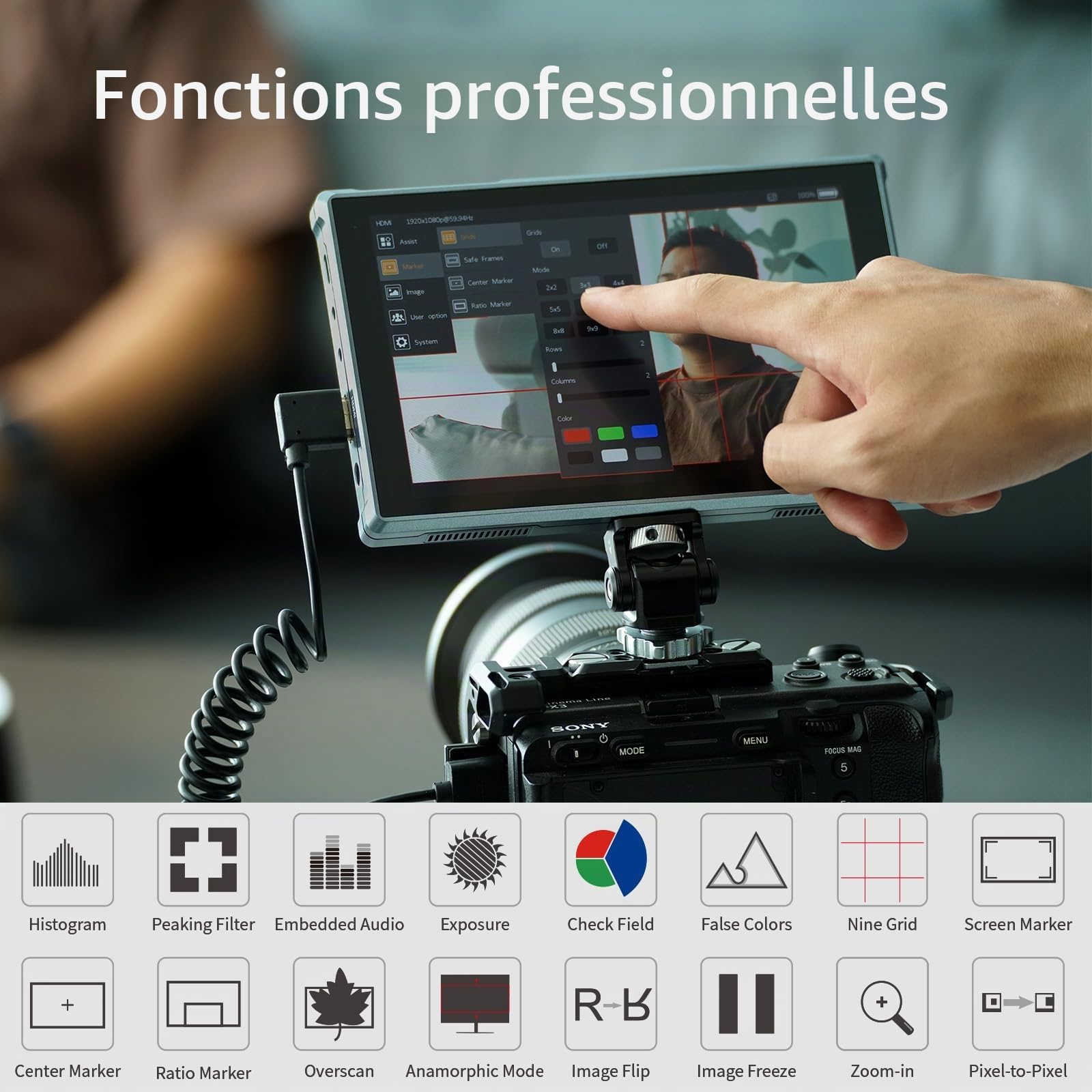 FEELWORLD FW759 Pro 7 Pouces écran Tactile Moniteur de Terrain avec Batterie 4400 mAh, résolution IPS HDMI 4K 1280 x 800, Format 9:16, marqueur de Mise au Point, entrée/Sortie vidéo Full HD
