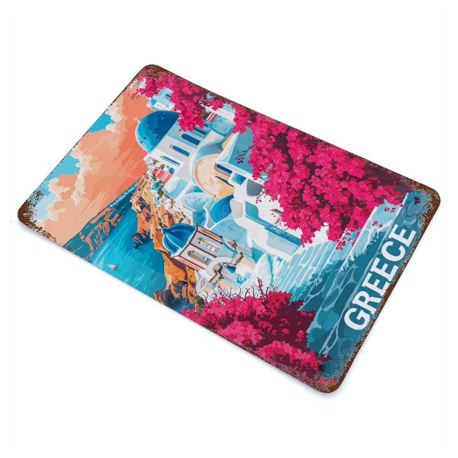 Greece Travel Rust Effect Tin Sign 11.8"x7.9", Ideal for Shed, Workshop And Garage Wall Decor