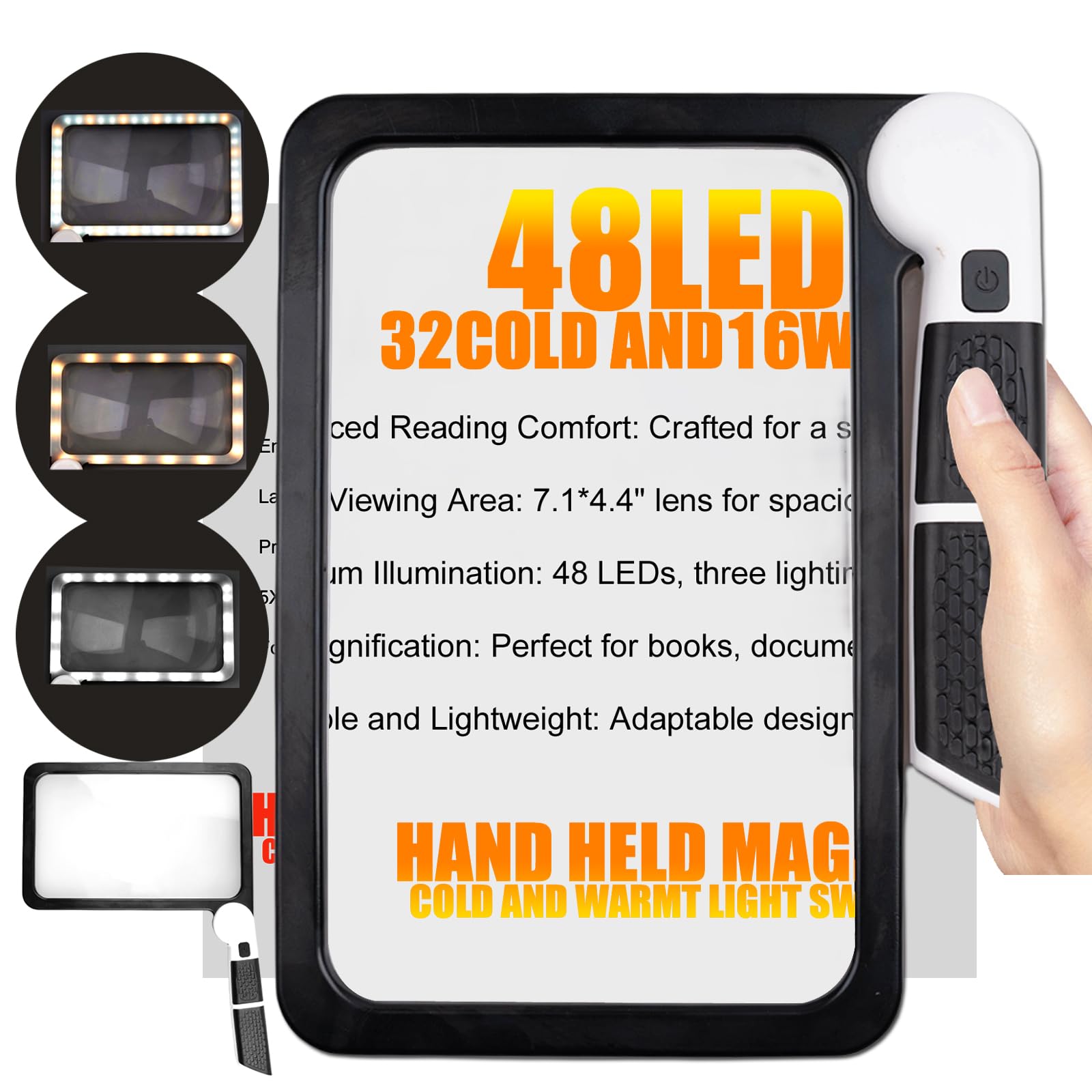 Magnifying Glass with Light - 5X Magnifier for Reading 48LED Cold & Warm Light with 3 Modes - Lighted Magnifying Glass for Reading, Foldable Handheld Large Magnifiers for Seniors