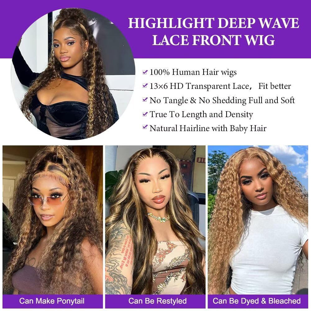 Highlight Deep Wave Lace Front Wigs Human Hair 13x6 HD Transparent Lace Front Wigs 200 Density 4/27 Ombre Honey Blonde Curly Wig for Women Pre Plucked with Baby Hair 1.88 Inch