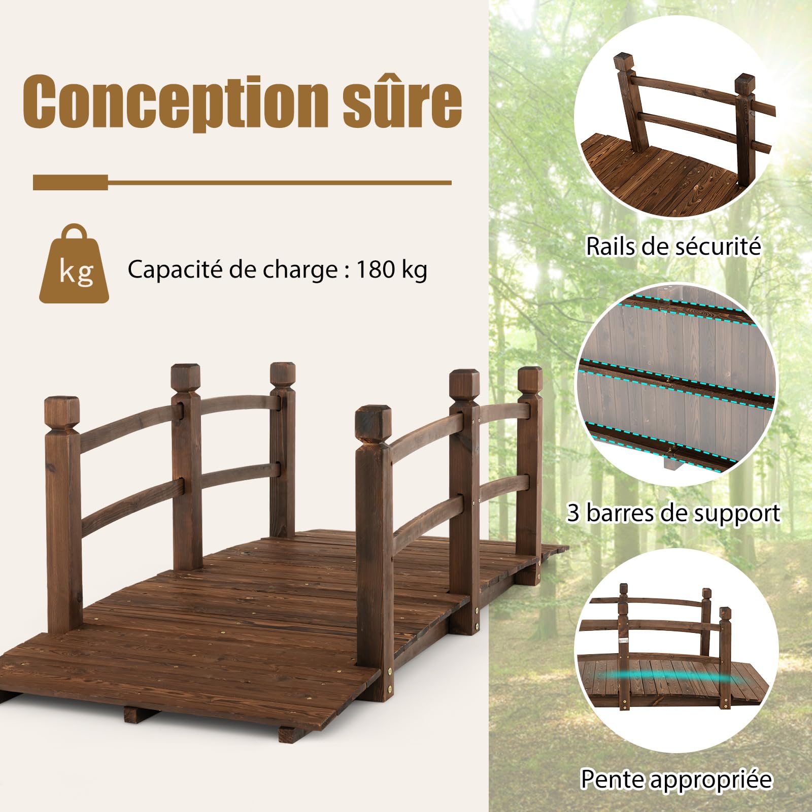 GOPLUS Pont de Jardin en Bois de Sapin, avec Balustrade et Fond Renforcé, Pont Décoratif Carbonisé Résistant aux Intempéries, Convient pour Jardin Cour Ferme Terrasse