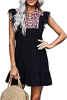KIRUNDO Women's Boho Summer Mini Dress: V-Neck Floral Embroidered Ruffle Sleeveless Shift Flowy Dress 2026