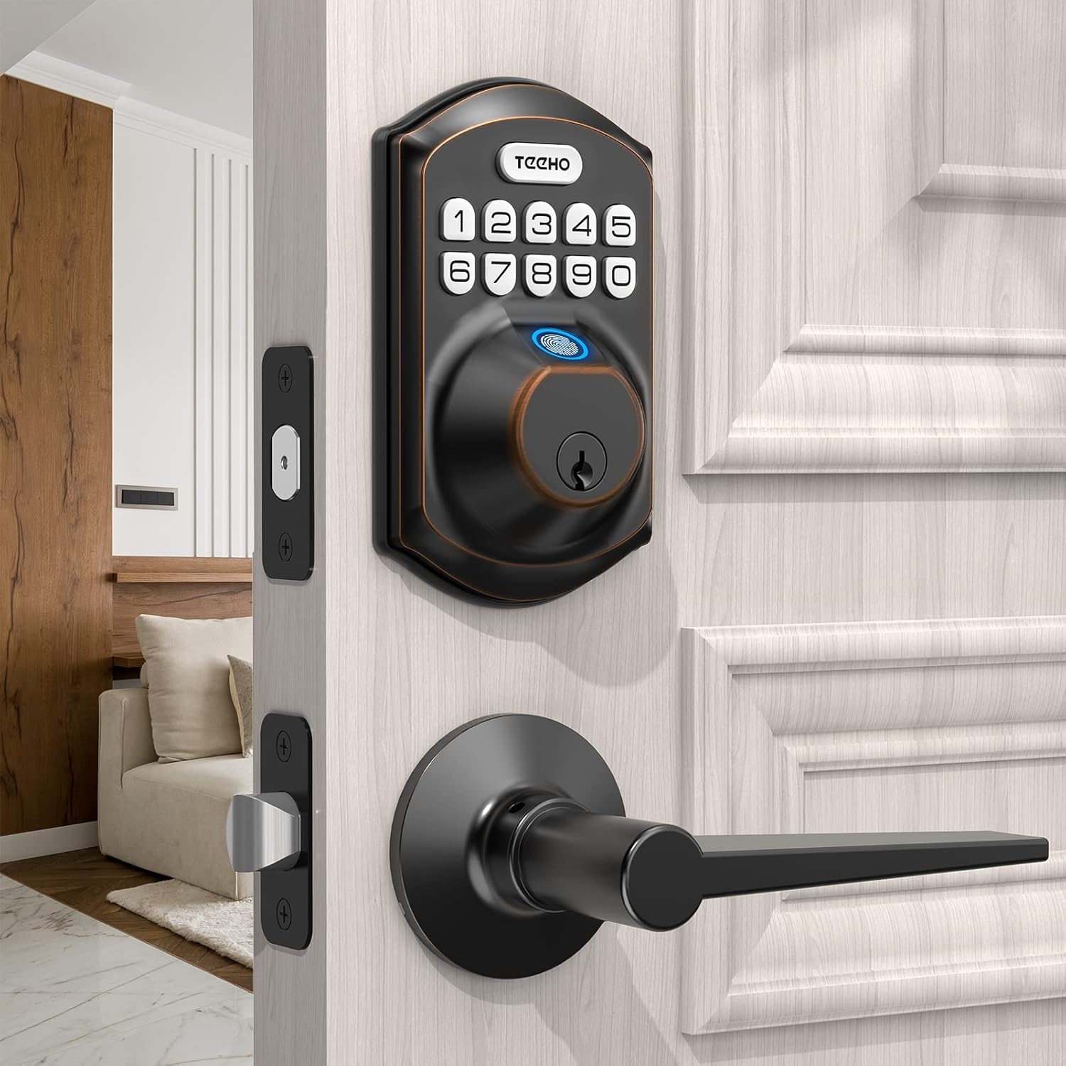 TEEHO TE002L Fingerprint Door Lock with 2 Lever Handles, Keyless Entry Deadbolt with Handle Set, Electronic Keypad Deadbolt for Front Door, Auto Lock and 1 Touch Locking, Satin Nickel