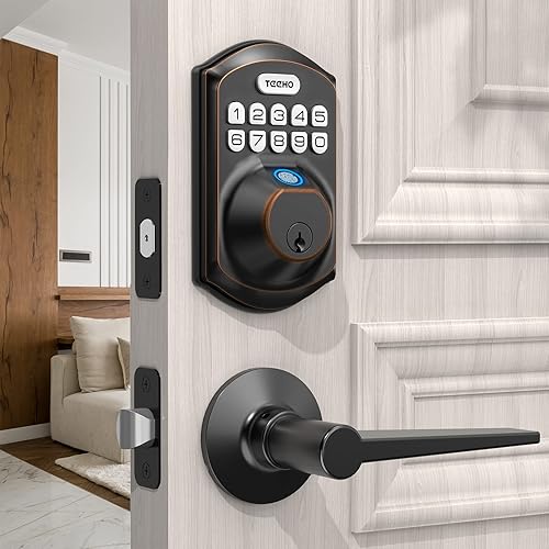 TEEHO TE002L - Cerradura de puerta de huellas dactilares con 2 manijas de palanca, cerrojo de entrada sin llave con asa, cerrojo de teclado