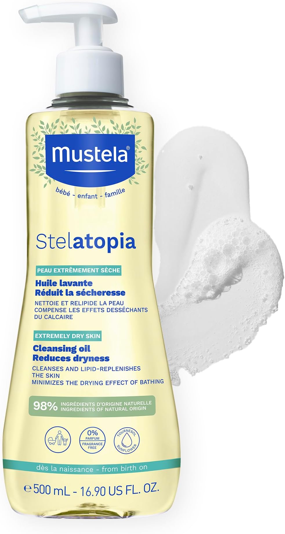 Mustela Stelatopia Eczema-Prone Skin Cleansing Oil - Baby Body Wash with Natural Avocado & Sunflower Oil - Family Skin Care Essentials - EWG Verified - Fragrance-Free & Tear Free - 16.9 fl. oz.