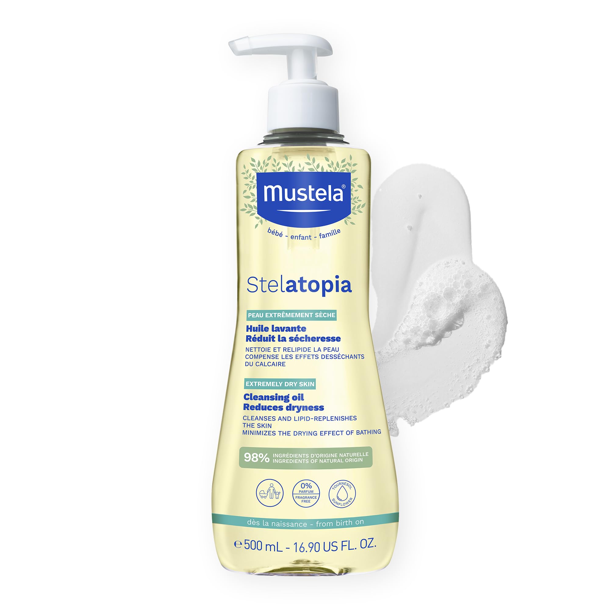 Mustela Stelatopia Eczema-Prone Skin Cleansing Oil - Baby Body Wash with Natural Avocado & Sunflower Oil - Family Skin Care Essentials - EWG Verified - Fragrance-Free & Tear Free - 16.9 fl. oz.EWG Verified