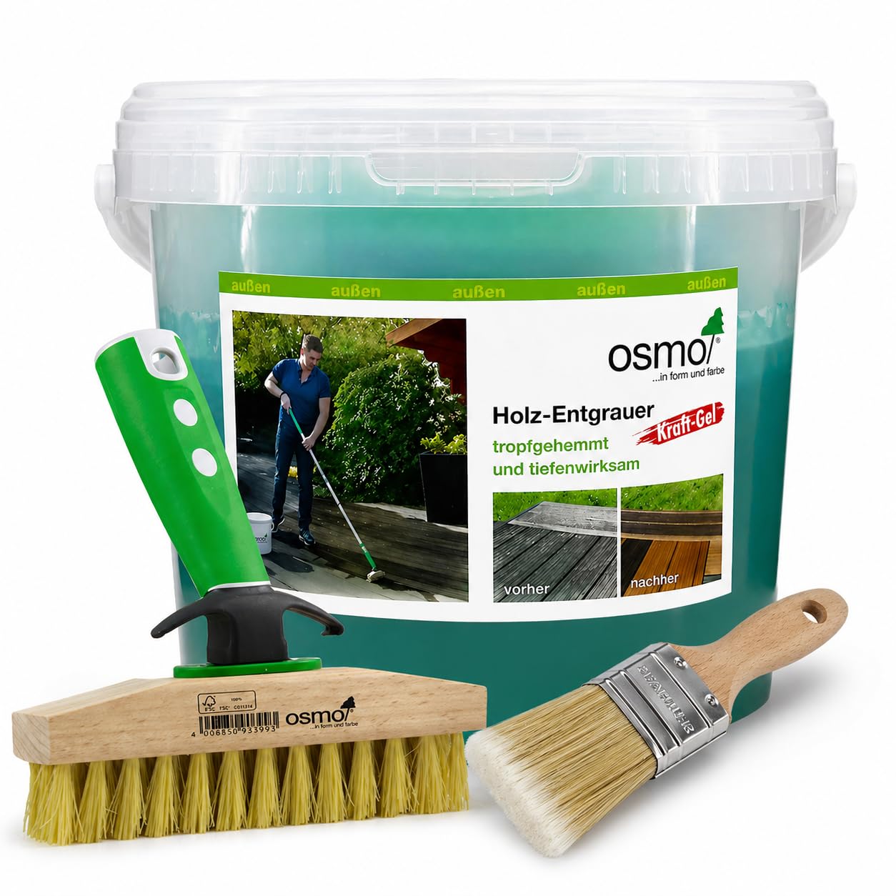 OSMO Holz Entgrauer Kraft Gel 6609 2,5L Set inkl Pfahler Pinsel und Bürste Holzreiniger für Holzterrassen Fassaden Gartenmöbel entfernt Vergrauung