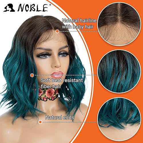 Miniatura 2 de NOBLE Peluca corta y rizada para mujer, encaje frontal, parte media, longitud de hombro sintético, 12 pulgadas, color marrón degradado a verde,