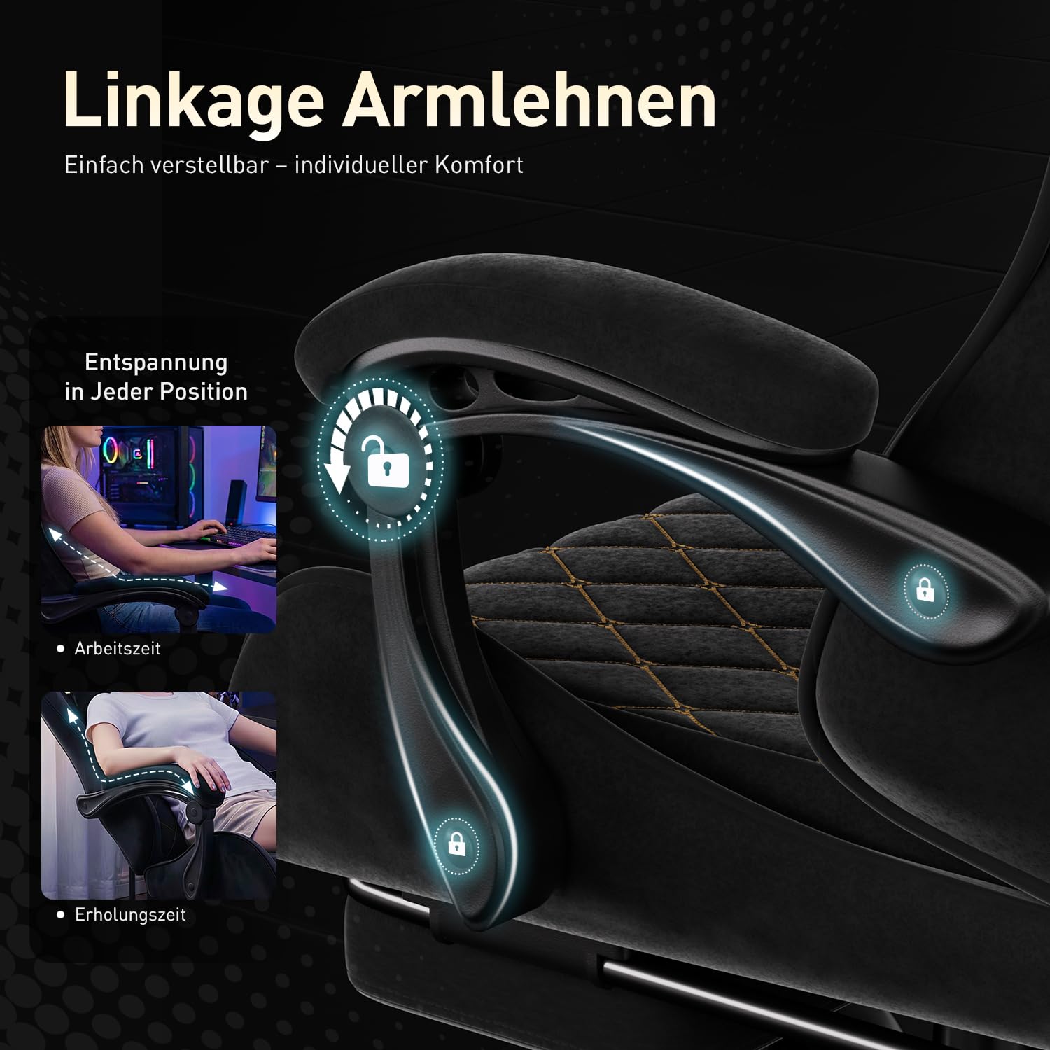 HLONONE Gaming Stuhl Stoff, Massage Gaming Chair, Atmungsaktiver Wildlederimitat Gamer Stuhl, So Weich Wie Pelz, Ergonomischer Bürostuhl mit Fußstütze, Kopfstütze und Lendenkissen, PC Stuhls Schwarz