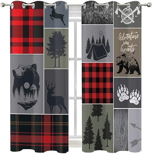 Miniatura 8 de Cortinas opacas con diseño abstracto de oso y ciervo, diseño abstracto de granja, a cuadros, a cuadros, aventuras, con ojales, ahorro de energía,