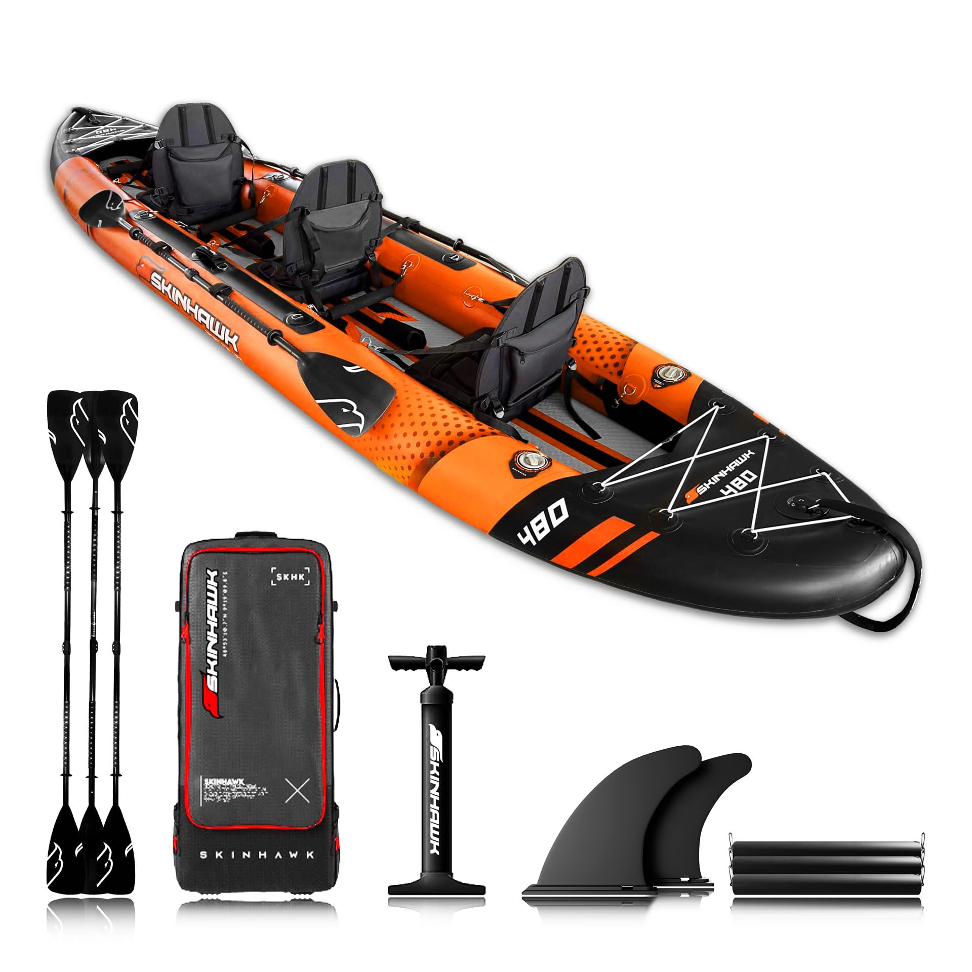 SKINHAWK Exclusiv Orange Kayak Set 480 – Barco inflable – Canoa – 480 x 96 cm – Kayak para 3 personas
