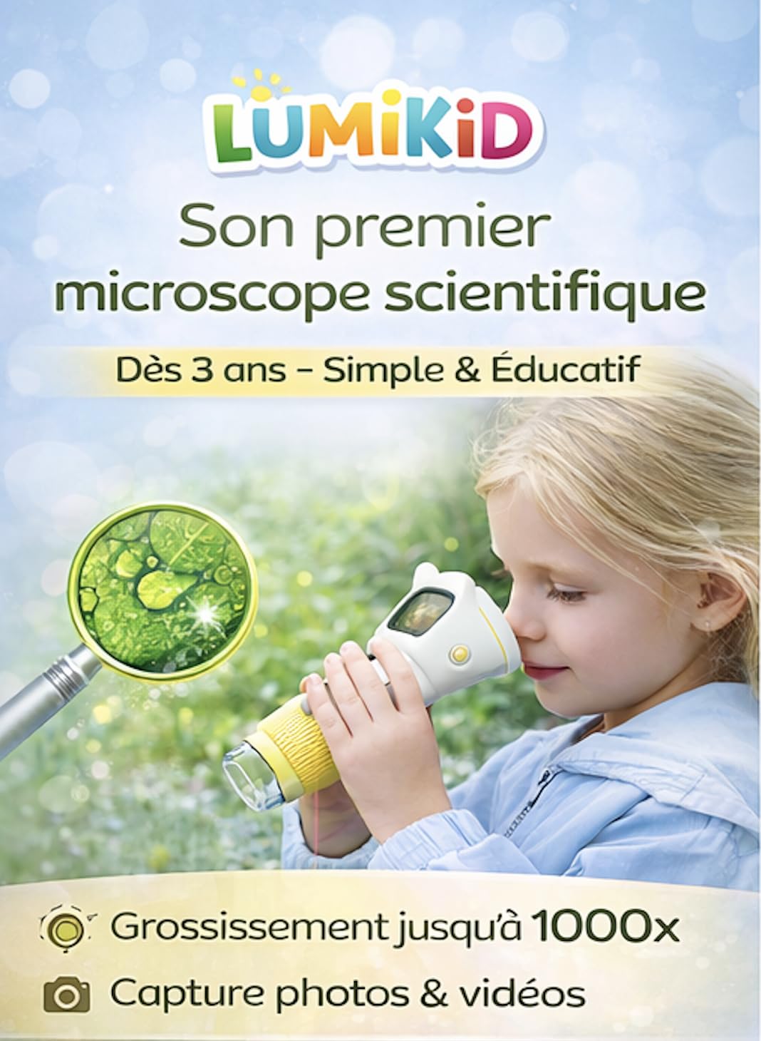 Microscopio digital infantil con pantalla IPS de 2 pulgadas, aumento de 1000 x – recargable – 8 LED ajustables – foto y vídeo – juguete científico educativo de 3 a 10 años – idea de regalo (amarillo)