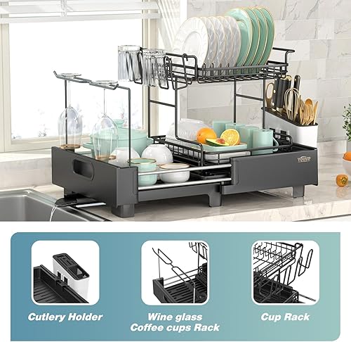 Miniatura 4 de Youvip Escurridor de platos grande de 2 niveles, escurridor de platos grande de acero inoxidable con salida de agua ajustable, escurridor de platos