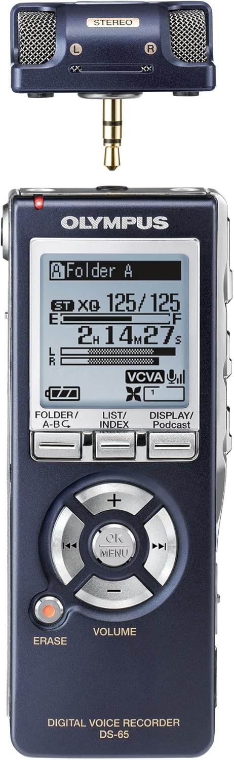 Olympus DS-65 Digital Voice Recorder with an external microphone plugged into the headphone jack