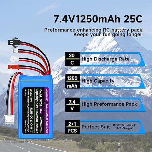 Miniatura 3 de Batería Lipo de 7.4V 2S 25C 1250mAh recargable RC batería JST & PH2.0 & MX2.0 y MJ conector de enchufe con cargador USB para SCX24 CR18P FCX18 FCX24