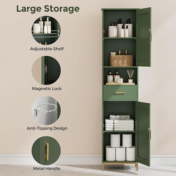 Homhedy 67 H Bathroom Storage Cabinet, Tall Bathroom Cabinet, Green