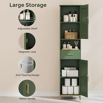 Homhedy 67 H Bathroom Storage Cabinet, Tall Bathroom Cabinet, Green