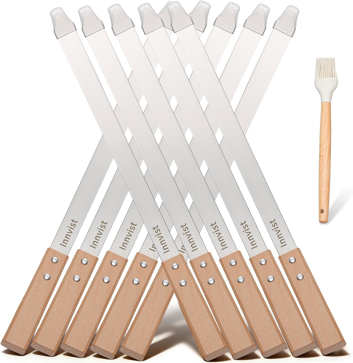 10 PCS 23.6" Flat Stainless Steel Skewers, Metal Barbecue Skewers with Wooden Handles and Silicone Brush, Reusable Long Shish Kabob Skewers for Grilling for Koobideh Persian Picanha Brazilian