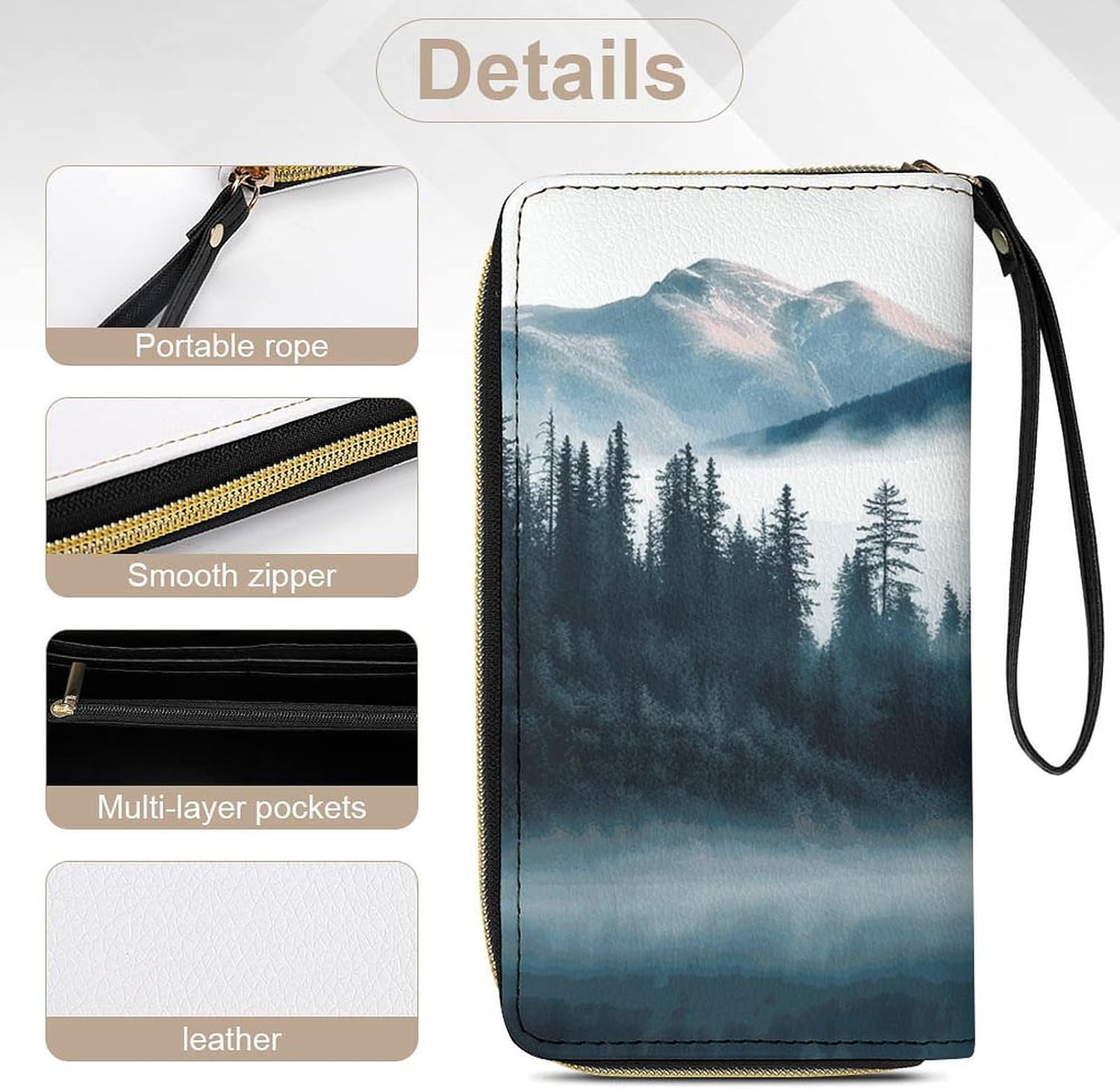 Womens Wallet Foggy Mountains Landscape Printed Wristlet Wallets for Women Large Capacity Credit Card Holder Ladies Phone Clutch Leather Zip Around Clutch Wallet