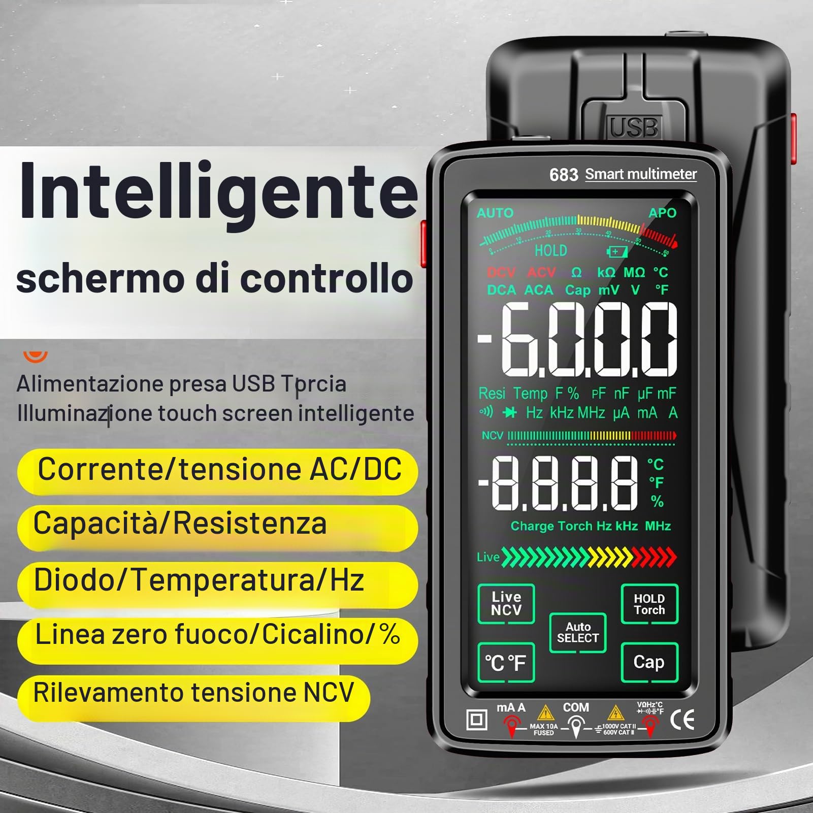 HUIOP 683 6000 Conta Multimetro digitale grande touch screen Misuratore universale ricaricabile intelligente -ustione VA Display inverso Tester NCV con torcia elettrica per tensione Corrente