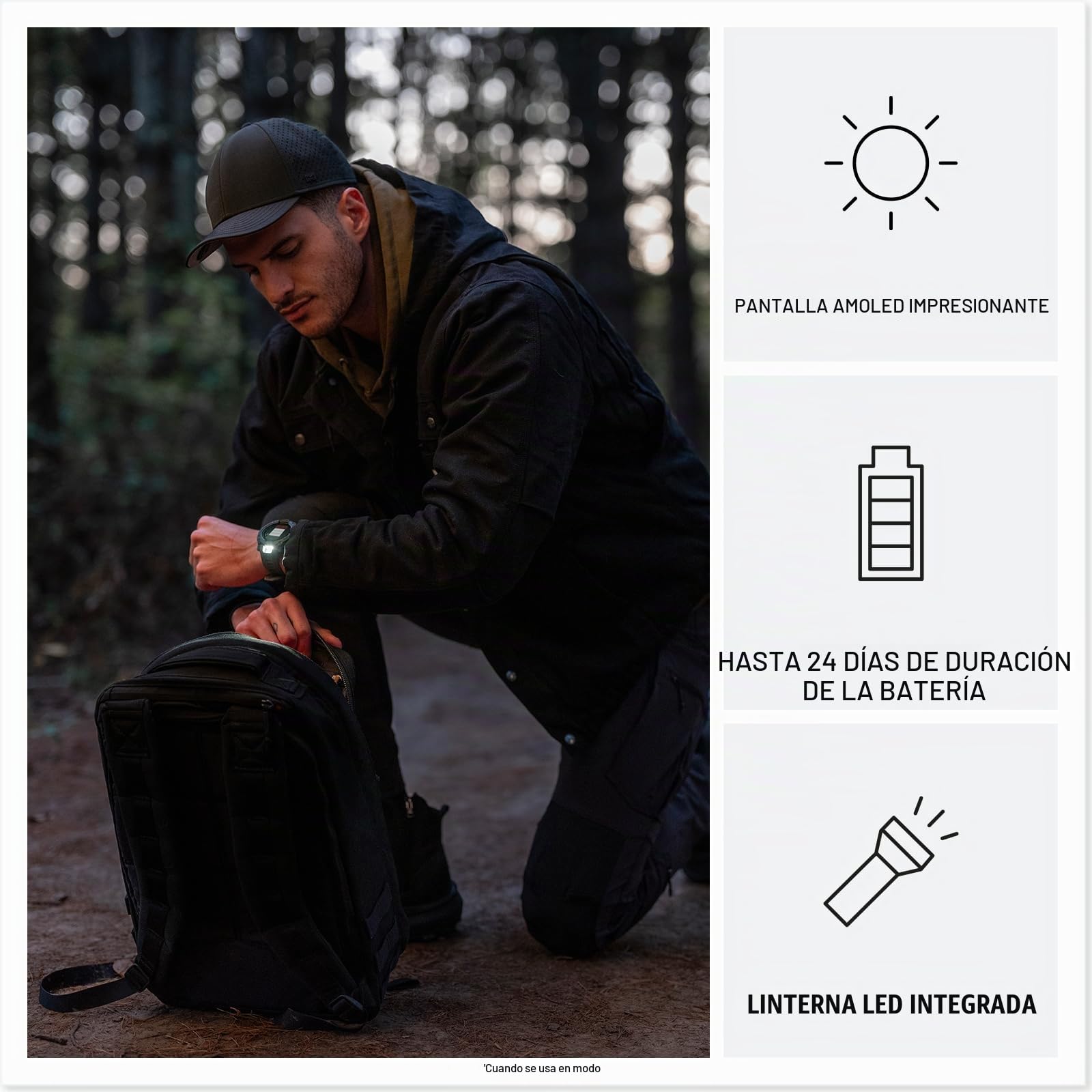Garmin Reacondicionado Instinct 3 Tactical Edition, 50 mm, Reloj Inteligente con GPS Resistente al Agua, Pantalla AMOLED, Linterna LED, hasta 24 días autonomía, Negro, Reacondicionado