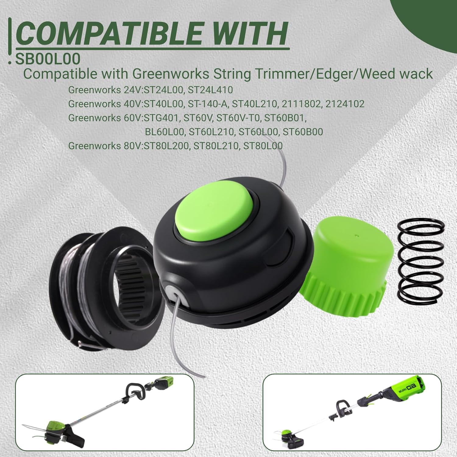 SB00L00 Replacement Bump Spool Head Compatible with Greenworks STG401 ST60V ST60V-T0 ST60L210 ST60L00 ST60B00 80V ST80L200 Front Mount String Trimmer Weed Wack,Pre-Wound Dual 0.080" 17Ft Line