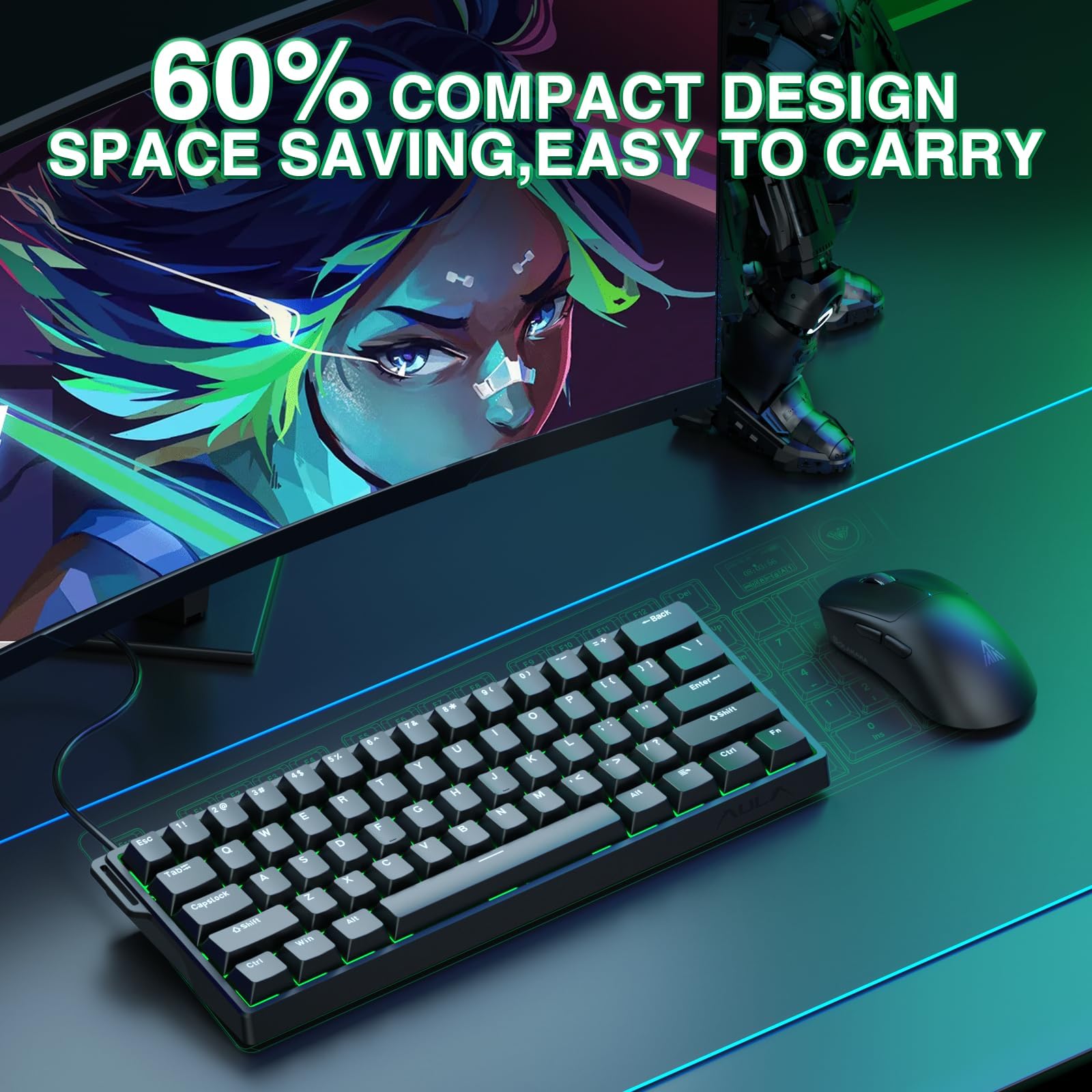 TZMRIT x Aula WIN60 HE, Clavier de jeu mécanique à 60 % avec câble, interrupteur magnétique échangeable à chaud, mode action-arrêt rapide, taux de réglage 8000 Hz, RVB petit
