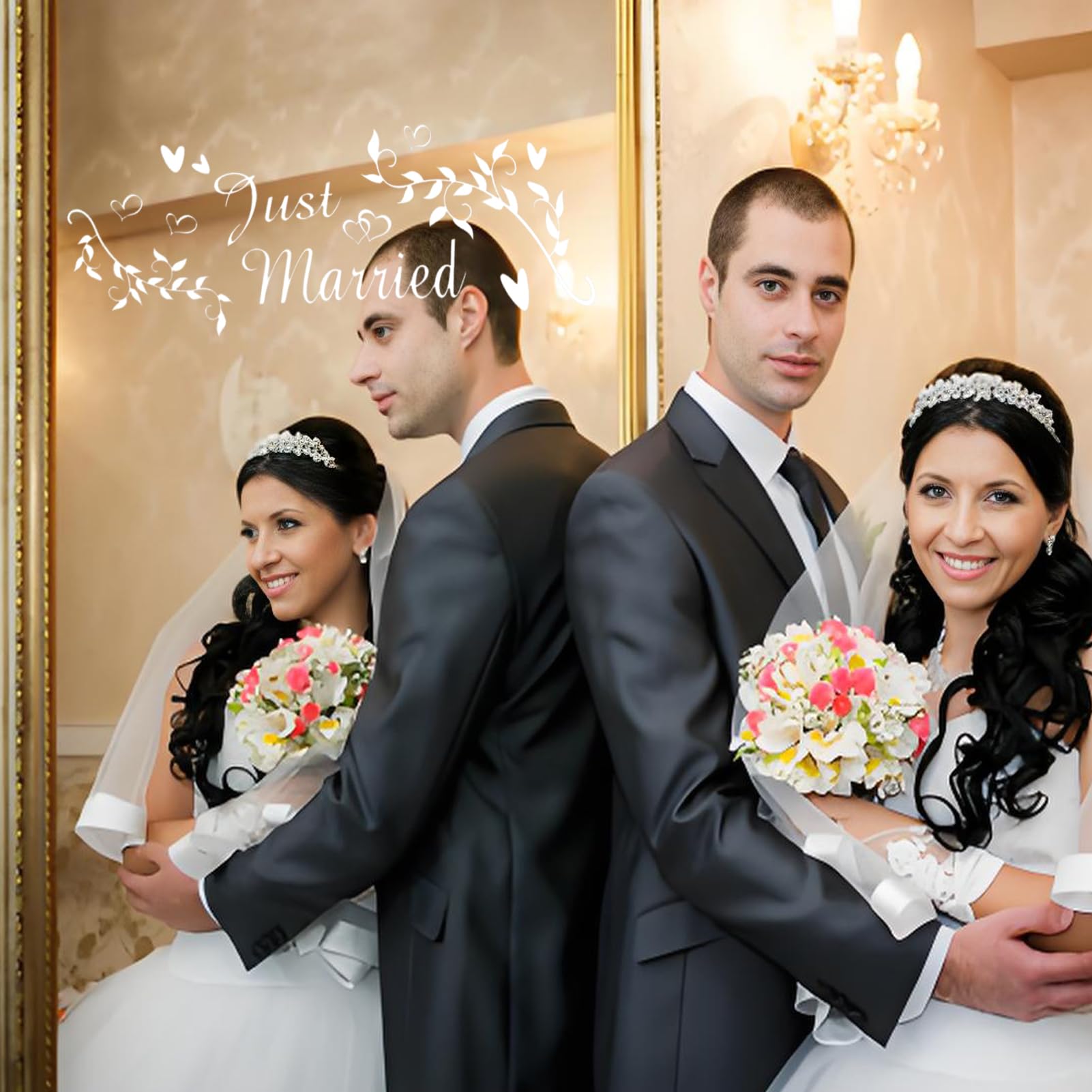 Decalcomanie in vinile per auto, con scritta Just Married, elegante cartello d'amore, decorazione per auto, carrozzeria, specchietto laterale, finestra, adesivo rimovibile per luna di miele, festa