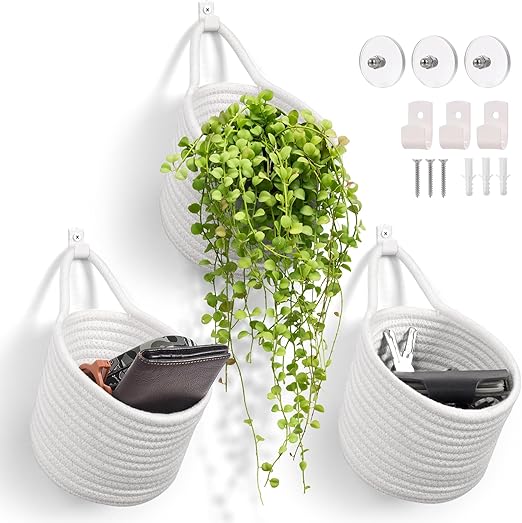 Fabric Wall Hanging Baskets 3Pack Woven Pouchs Boho Style
