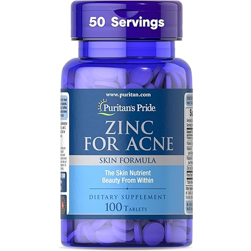 Puritan's Pride Zinc for Acne Skin Formula with Vitamins C, B-6, A, and E for Men and Women, Dietary Supplement for Clear Healthy Skin, Immune System, Cell Division and Growth Support, 100 Tablets