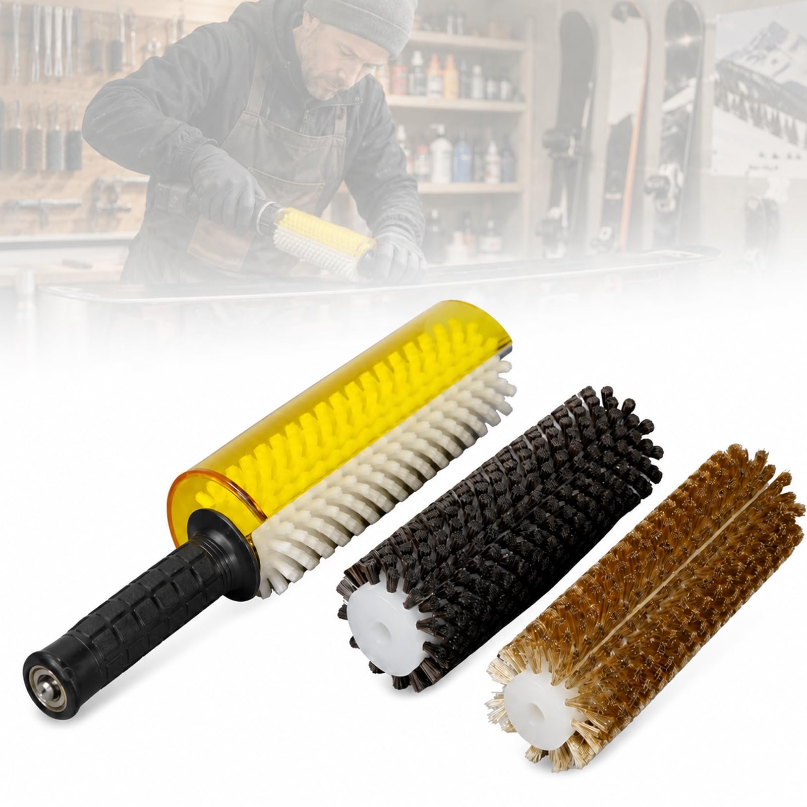 Kit Spazzola Rotante per Sci da 300 mm, ASSE per Manico Spazzola Rotante, Kit Spazzola per sciolina Snowboard con 3 spazzole in Nylon, Ottone, crine di Cavallo per sciolinatura