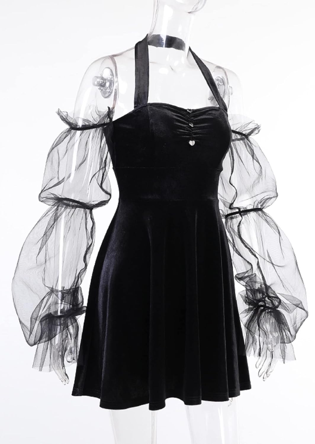 TSMNZMU Womens Gothic Velvet Mini Dresses - Off The Shoulder Patchwork Lace Long Sleeve Dress - Emo & Alt Style - Image 4