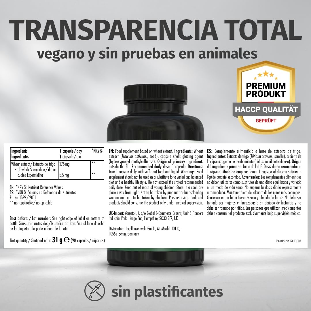 Green Naturals Espermidina Forte 5,5 mg – Germen de trigo – 90 cápsulas | Dosis alta por cápsula · Formato compacto · Vegano · Para 3 meses