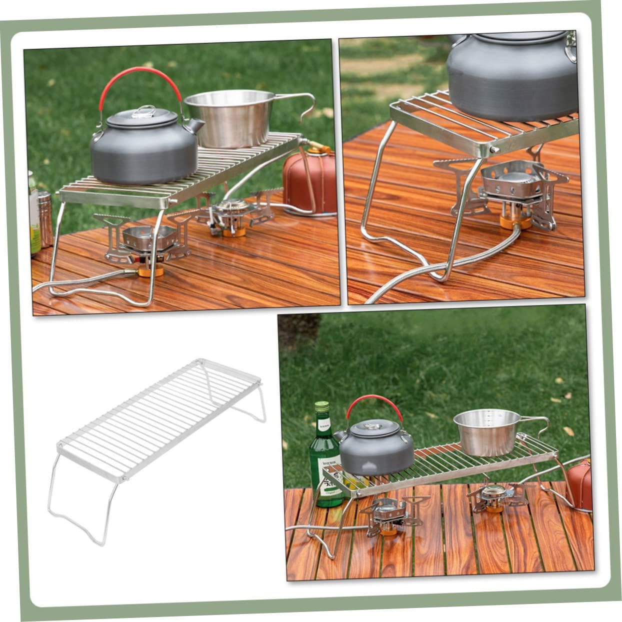 GARVALON Portable Outdoor Stainless Steel Furnace Head Frame Folding Grill Pot Bracket with Stable Tilted Legs Lightweight Durable Barbecue Rack for Camping and Barbecue Cooking