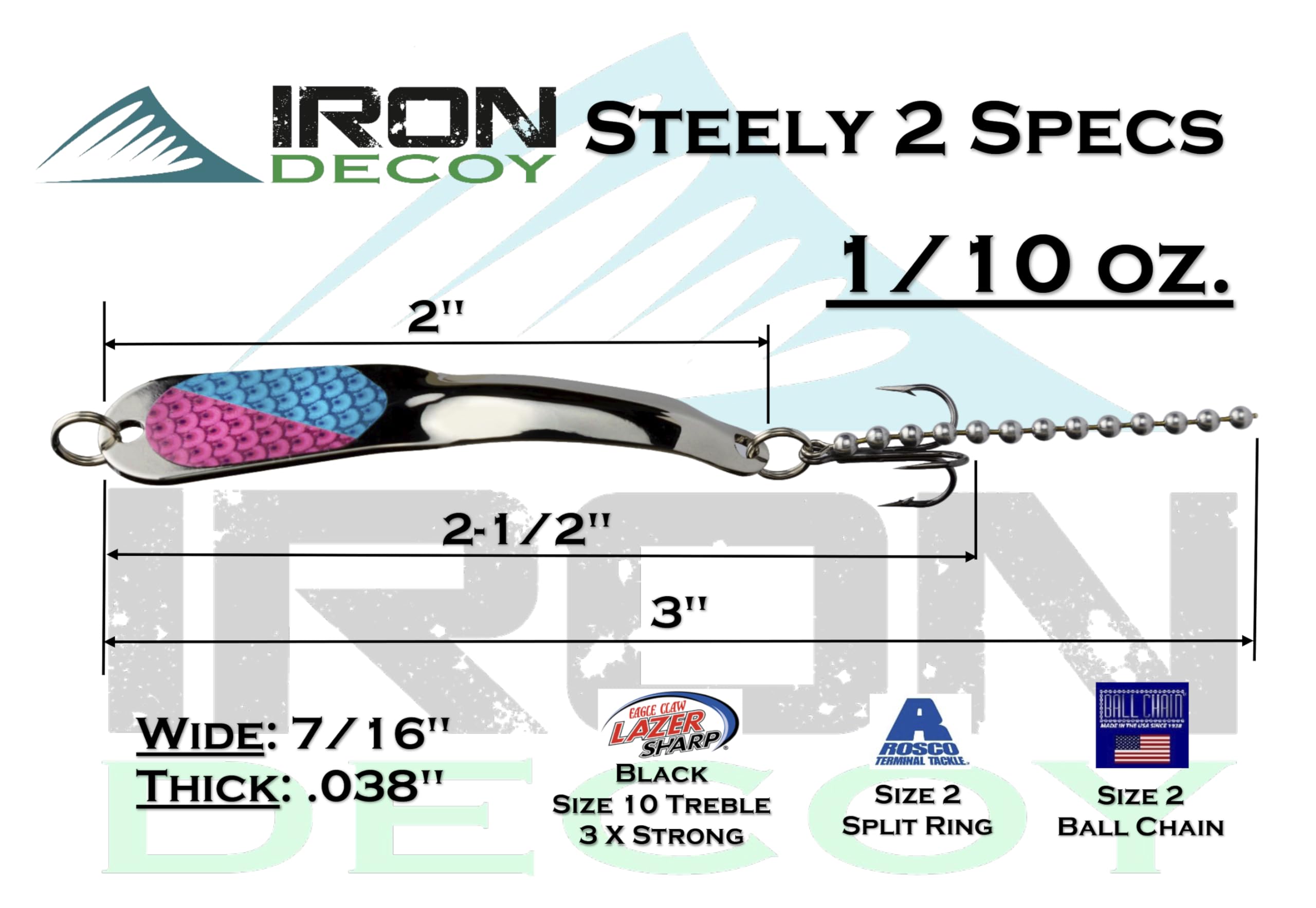 IRON DECOY Steely Fishing Lure Spoon, Casting, Trolling, Jigging, Ice, Lake, River, Stream, Freshwater, Trout, Bass, Walleye, Salmon, Crappie, Pike