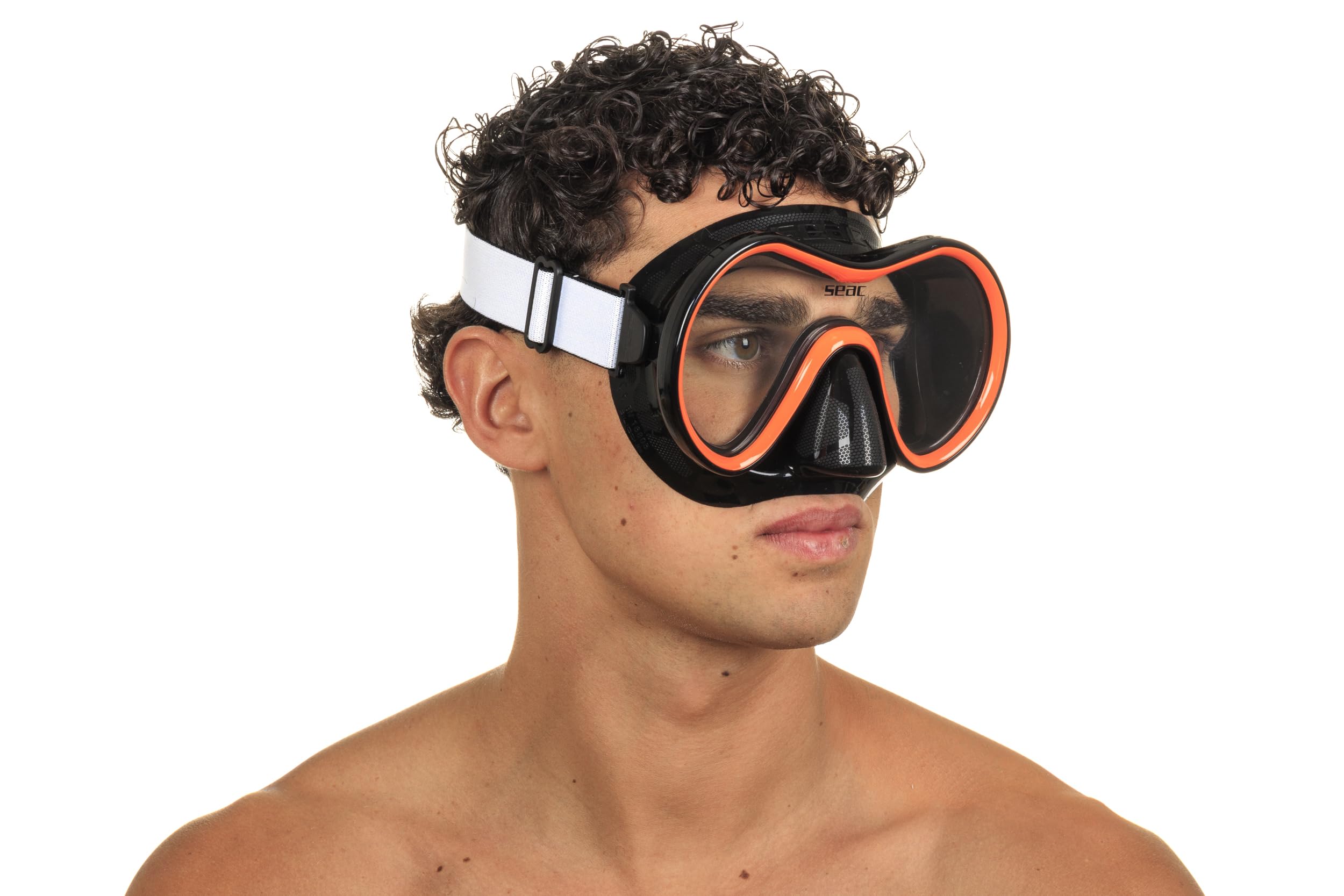 SEAC Sunrise máscara de Buceo y Snorkel de una Sola Cara de Vidrio Templado con Hebilla 3D, con Casco de Tela o Silicona, Unisex Adulto