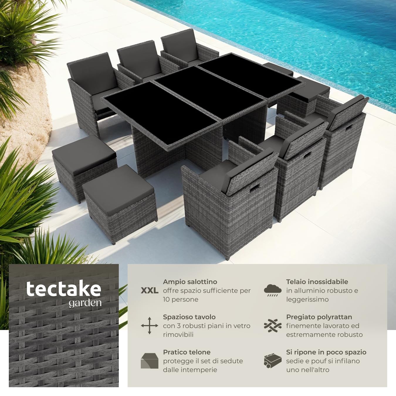Set di Mobili da Giardino Poli Rattan Alluminio 6 Sedie 1 Tavolo 4 Sgabelli Grigio