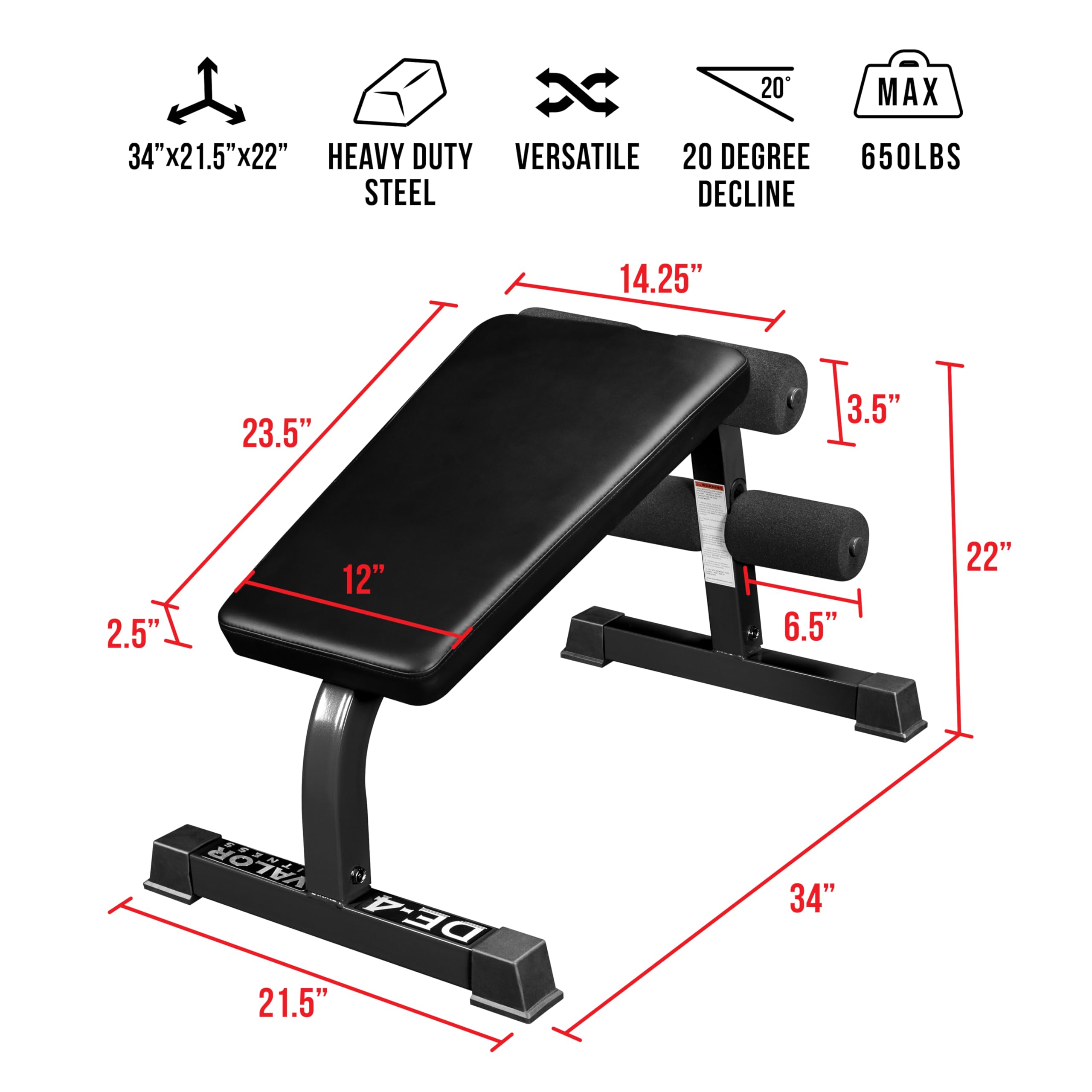 Decline Sit-Up Bench for Ab Workouts – Heavy Duty Abdominal Slant Board for Crunches, Core Training, Russian Twists, Ab Raises – 650 lb Max Weight – Adjustable Fit – Home Gym Bench