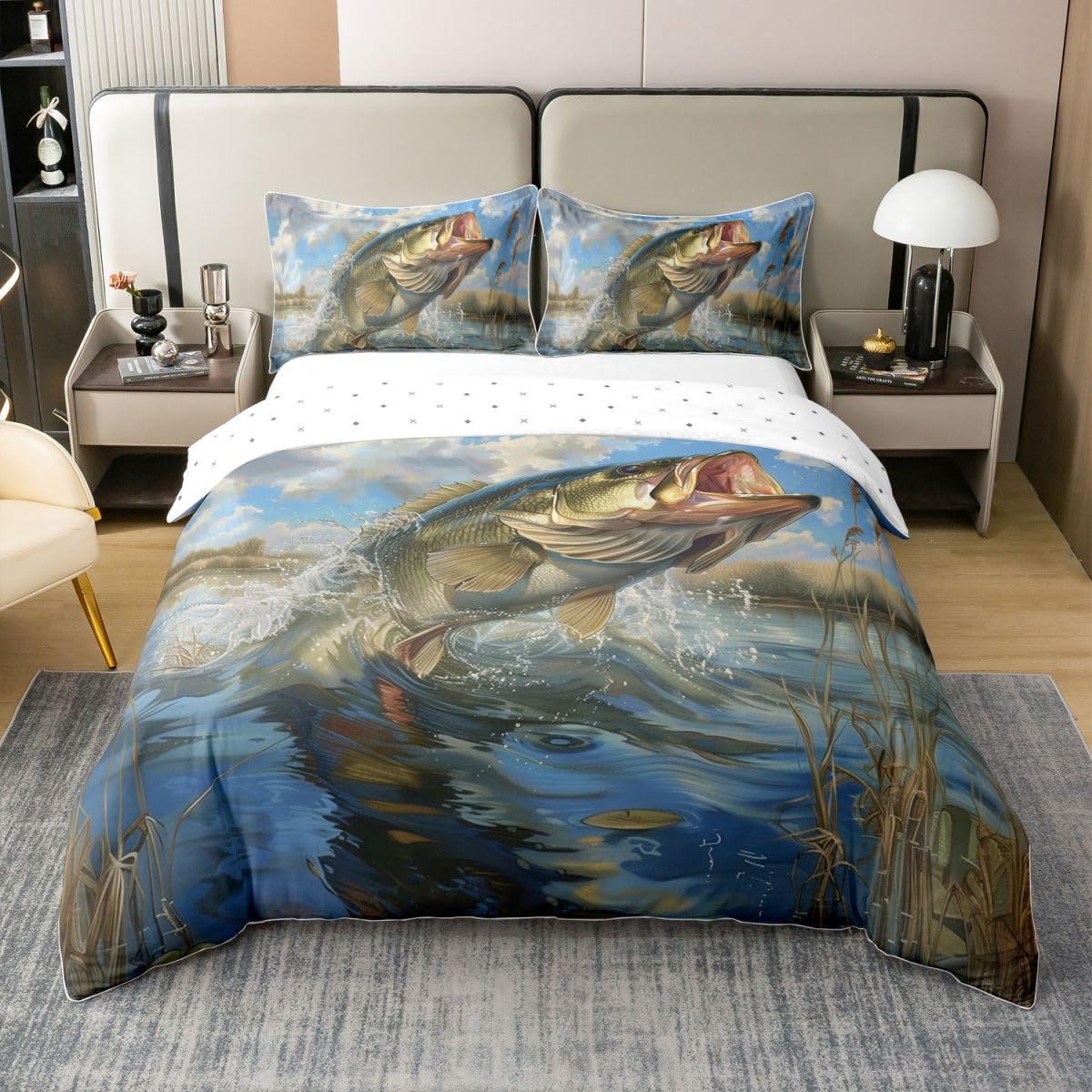 Homewish Bass Fish Kids King Zestawy Pościeli Wędkarstwo I Polowanie Bawełniana Poszewka Na Kołdrę Życie Morskie Poszewka Na Kołdrę Przybrzeżne Zwierzęta Zestaw Łóżek Dla Chłopców Nastolatków