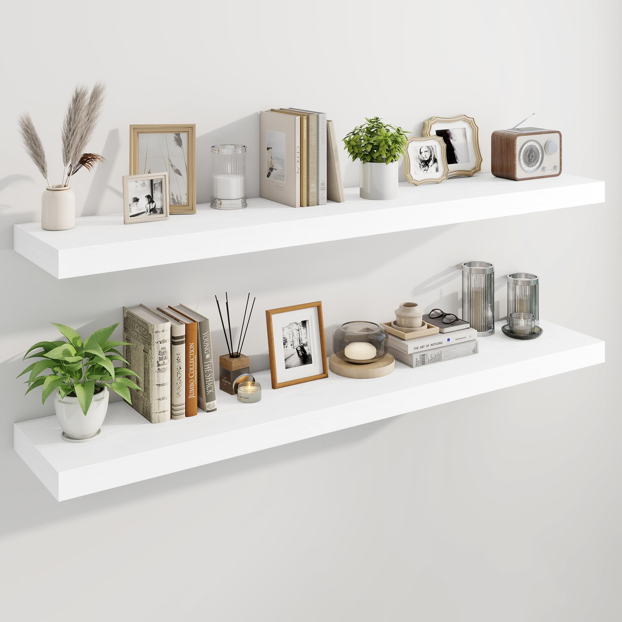 Photo 1 of Marsmiles 55" Floating Shelves for Wall, Wooden Shelves with Invisible Brackets Set of 2, Rustic Farmhouse Wall Mounted Shelf for Kitchen Bathroom Living Room Study, White