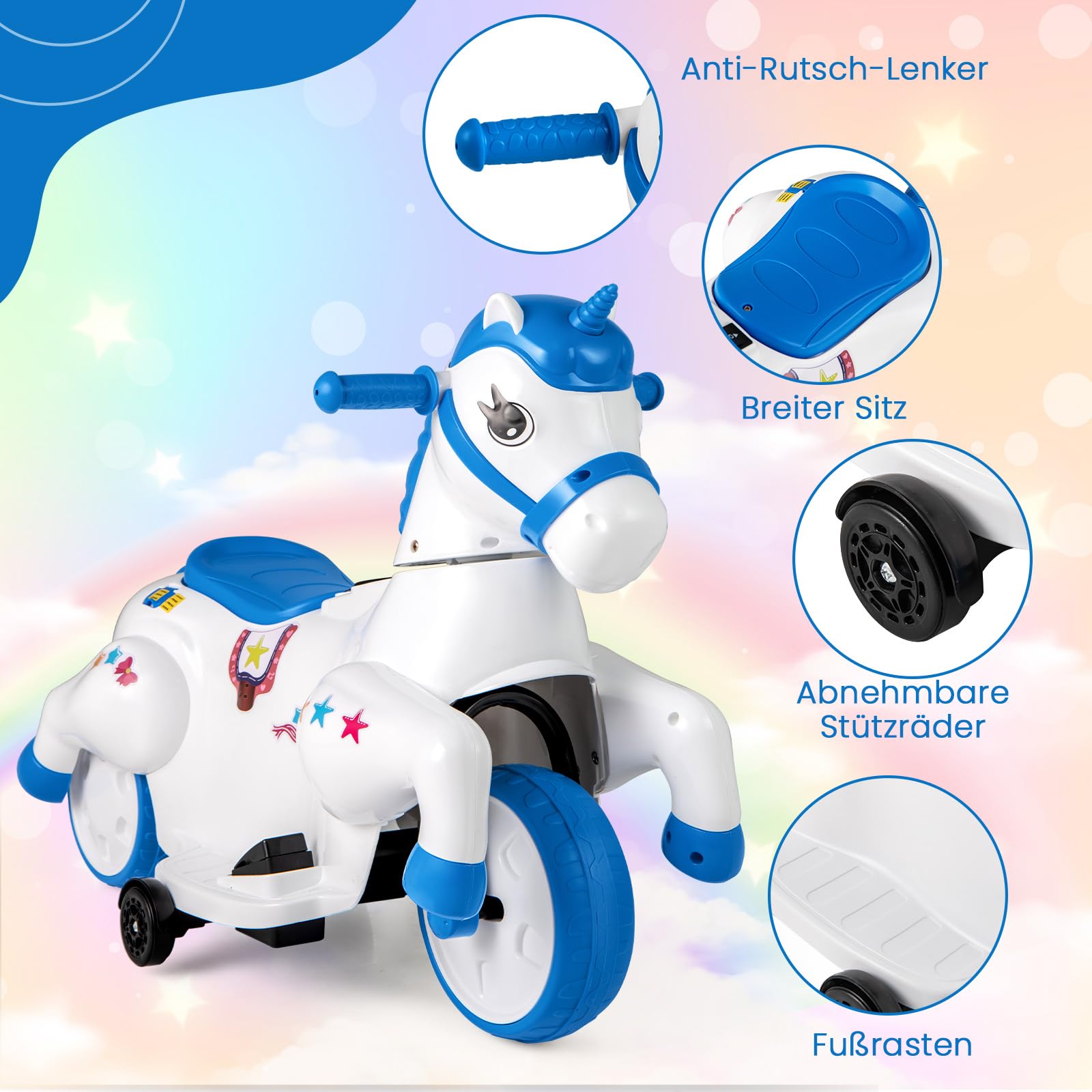 DREAMADE Kinder Elektroauto mit 2 Stützrädern, 3 km/h, Elektrisches Kinder Aufsitzauto mit Musik, Plüsch-Aufsitzspielzeug Kinderfahrzeug, Elektro Kinderauto für Kinder ab 3 Jahren (Blau)