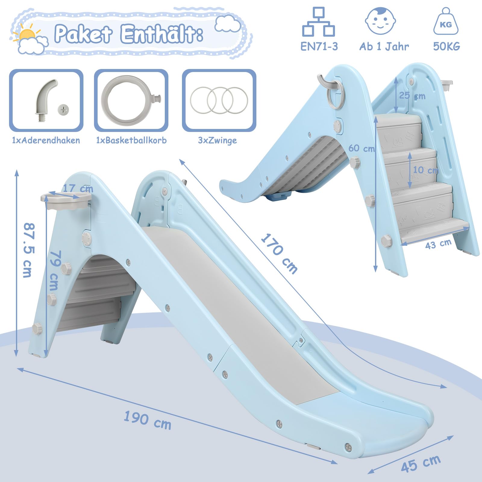 Kinderrutsche Mit Basketballkorb - Faltbar, Für Indoor & Outdoor, Ab 1-3 Jahre