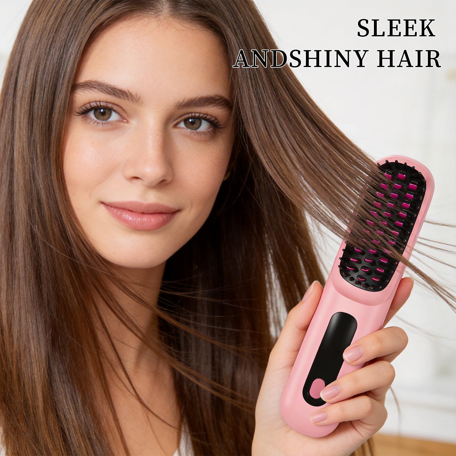 Go Brush Pro 2026, Portable Straightener Brushs for Travel, with LCD Temperature Display, Fast Heating Cordless Mini Hair Brushs (Pink) — view 7