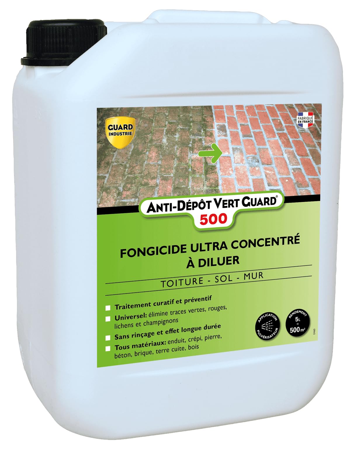 GUARD INDUSTRIE - Anti Dépôt Vert Guard 500 - Fongicide Invisible, Ultra Concentré, Anti Champignon, Lichen, Algue - Tous Matériaux - Fabrication Française - Bidon - 5 L - Traite 500 m2