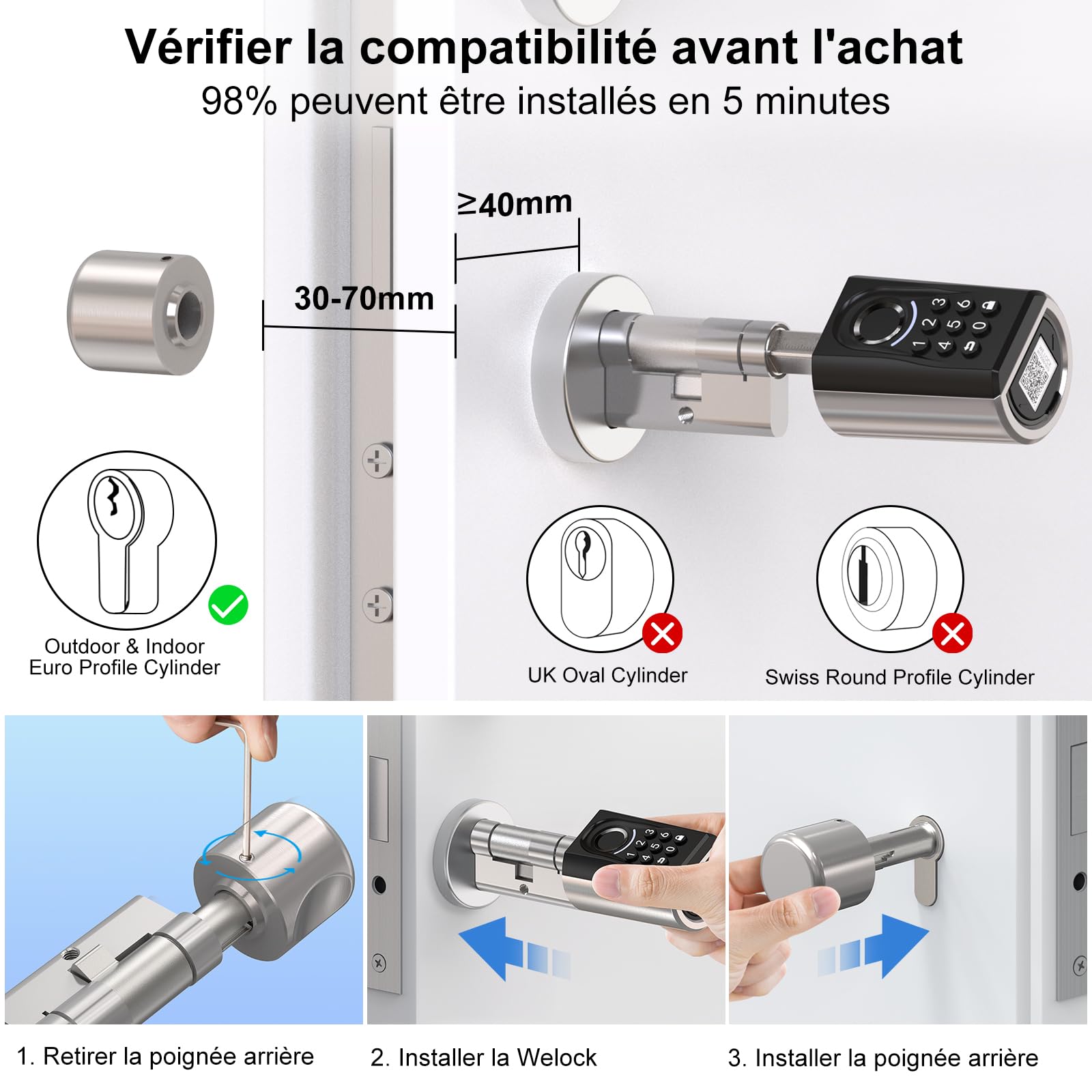 WELOCK ToucA51 Serrure Connectée serrure Empreinte Digitale avec Password,Carte RFID,APP et WiFi,Cylindre Connecté 30×30 pour portes de 30-70mm,Smart Lock IP65,Serrure a Code Installation Facile