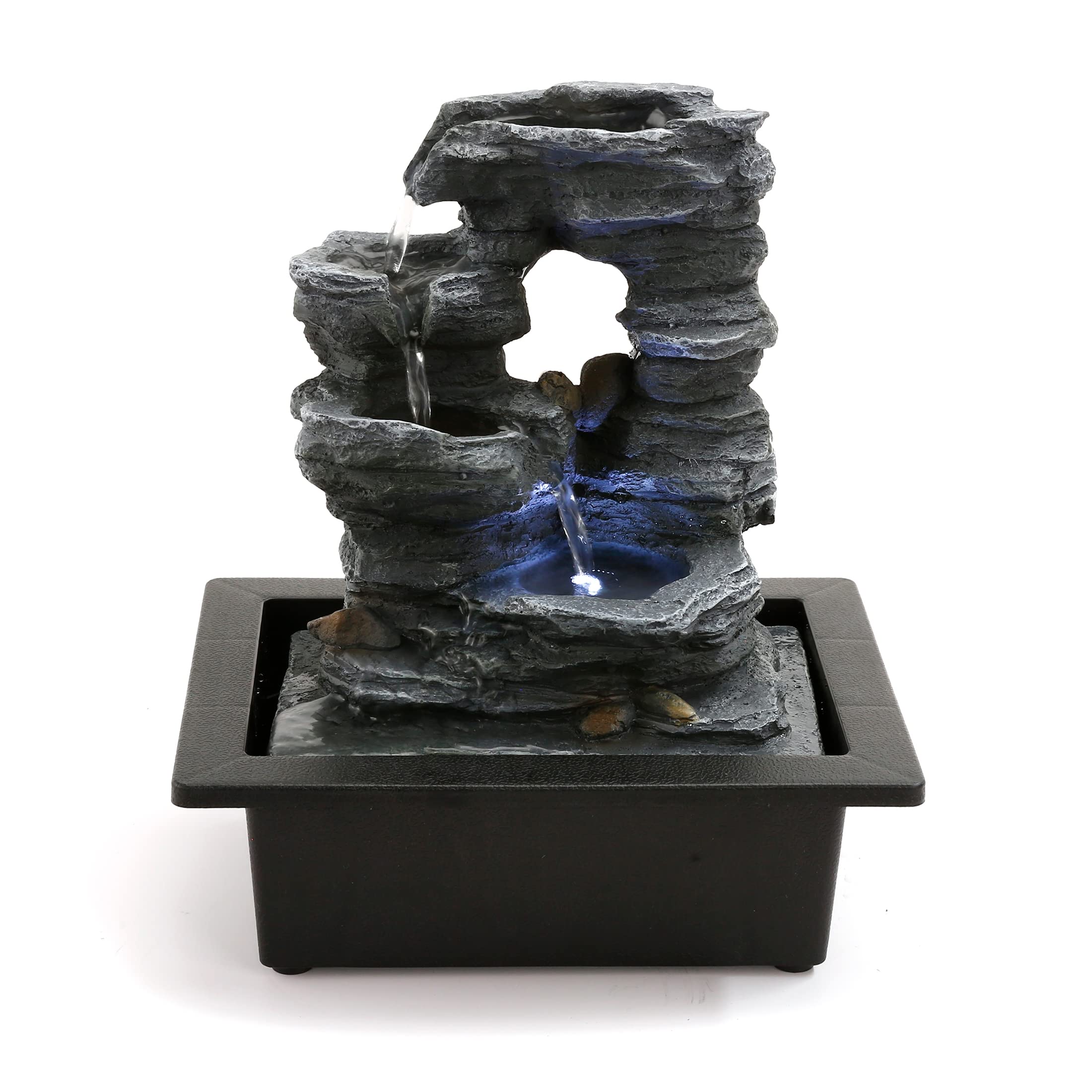 POWLABIndoor Fountain - Elegant Resin Design with Natural Rock-Like Texture for Home Office Decor Relaxation, Desktop Fountain with Soothing LED Light, 9.06''x6.89''x10.24'' Indoor Waterfall Feature
