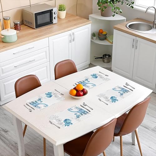 Miniatura 3 de Juego de 4 manteles individuales de dinosaurios en acuarela, diseño de animales azules de dibujos animados, resistentes al calor, con diseño de