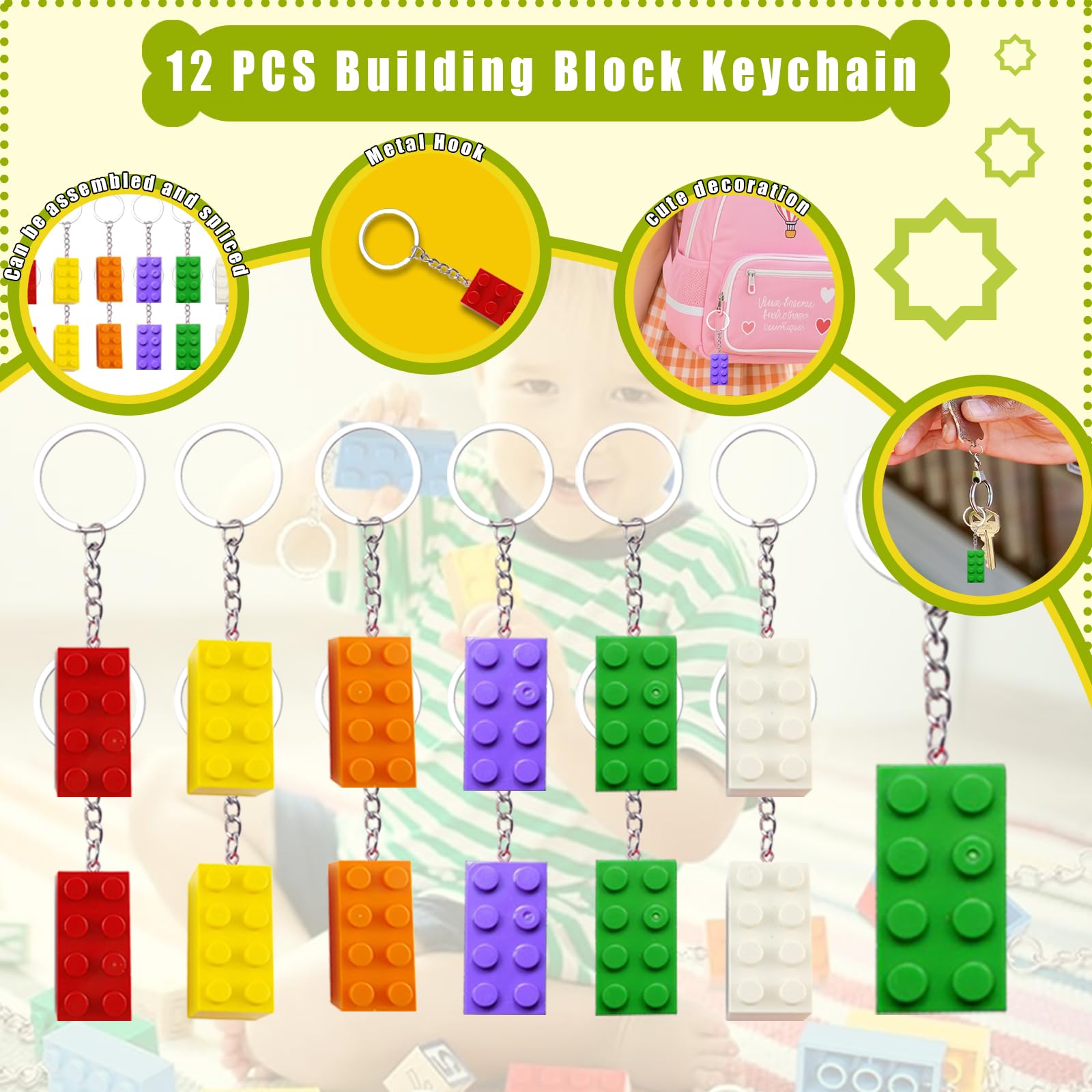 86 Pezzi Di Mattoncini da Costruzione,12 Braccialetti Slap Per Bambini, 12 Lego Portachiavi, 12 Sacchetti Regalo Per Compleanno-Per-Bambini,Addobbi Articoli Feste A Blocchi Costruzione,Per B-ambini